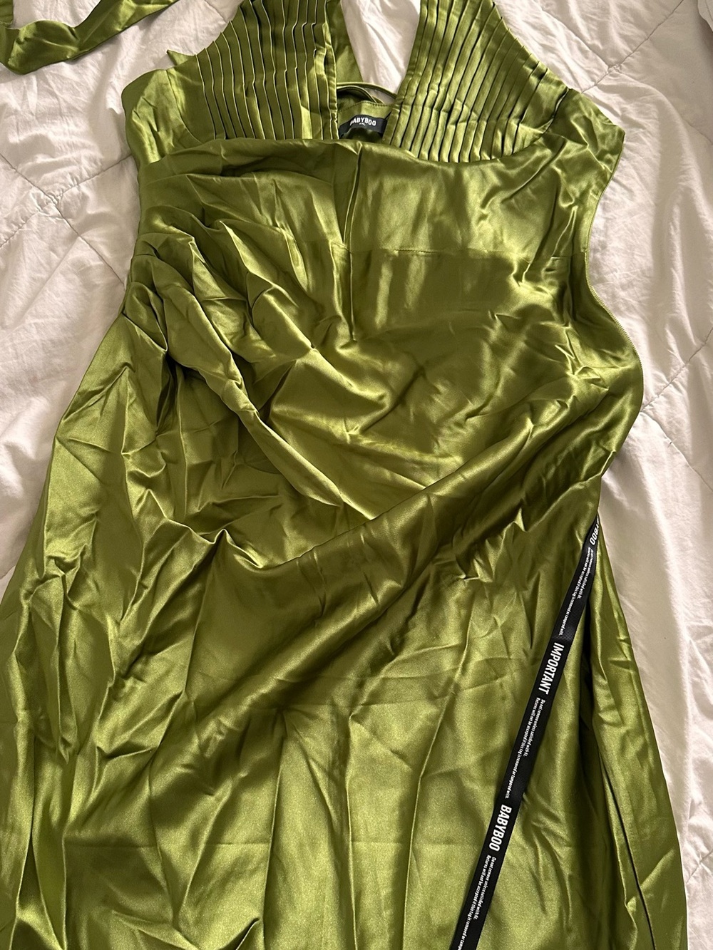BABYBOO Olive Green Maxi Dress with Pleated Halter Bodice - Picture 7 of 10